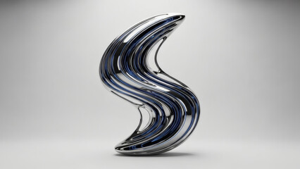 Abstract Chrome S-Shaped Sculpture with Blue Stripes Against a White Background