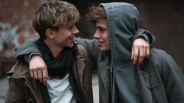 Happy young male friends enjoying their time together in an urban setting during a chilly afternoon