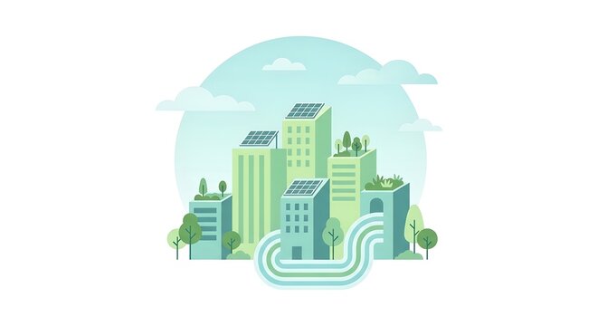 Sustainable green city illustration with solar panels on buildings and rooftop gardens for eco friendly urban environment renewable energy future technology and smart architecture concept - Powered by Adobe