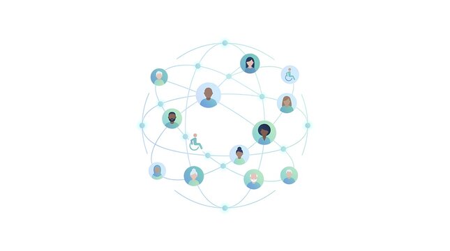 Global diversity network and community connection concept with diverse people avatars including accessibility icons on abstract blue sphere background for social media and business teamwork - Powered by Adobe