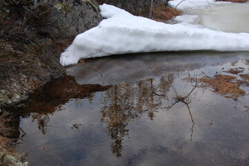 A mountain tundra landscape in Lapland in late spring, with snow still on the ground.