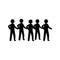 Five black stick figures holding hands, symbolizing unity and teamwork on a white background