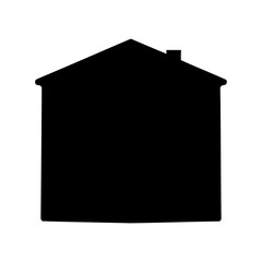 Simple black silhouette of a house with a pitched roof and chimney on a white background