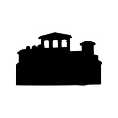 Bold black silhouette of a classic steam locomotive with detailed cab architecture