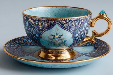 Elegant blue and gold teacup with intricate design on saucer