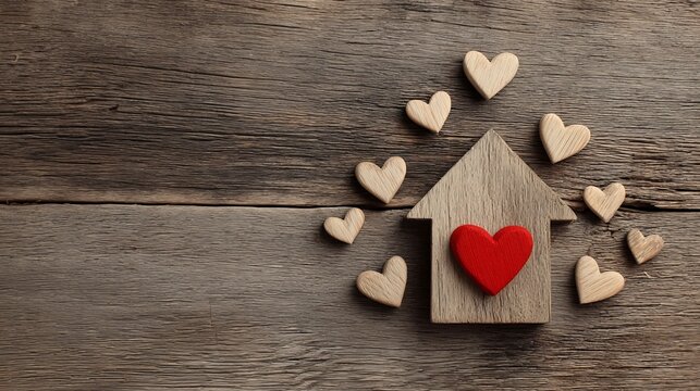A small wooden house with a red heart surrounded by smaller hearts on a wooden surface