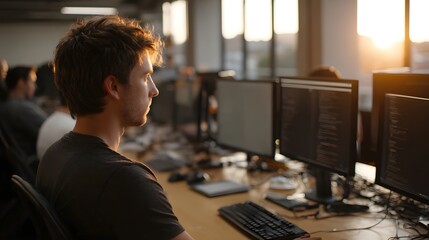 A man programming at his desk with multiple computer monitors in a modern office during golden hour