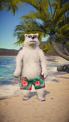 3D Render of Polar Bear Dancing on Tropical Beach, Travel Getaway with Exotic Island, Palm Trees, Ocean Waves, Paradise Holiday