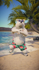 3D Render of Polar Bear Dancing on Tropical Beach, Romantic Travel Getaway with Exotic Island, Palm Trees, Ocean Waves, Paradise Holiday, Ideal for Love, Honeymoon, and Valentine&rsquo;s Day.