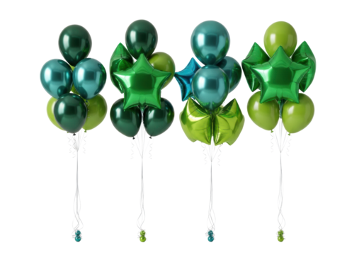 Four dynamic clusters of luxurious emerald, teal, and lime green helium balloons and star shapes floating against a transparent studio background. Concept for sophisticated celebration decor - Powered by Adobe