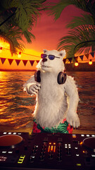 3D Render of Polar Bears on Tropical Beach: Hawaiian Sunset Party with DJ & Hula Dance. Ideal for Romantic Travel, Tropical Holidays, and Valentine&rsquo;s Day.