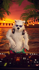 3D Render of Polar Bears on Tropical Beach: Hawaiian Sunset Party with DJ & Hula Dance. Ideal for Romantic Travel, Tropical Holidays, and Valentine&rsquo;s Day.