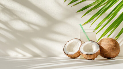 Fresh coconut with straw refreshing drink tropical vibe natural light green straw coconut halves palm leaves summer beverage