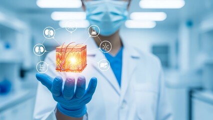 Dedicated medical researcher in a sterile laboratory setting projects a glowing anatomical skin model with interconnected health and organ symbols.