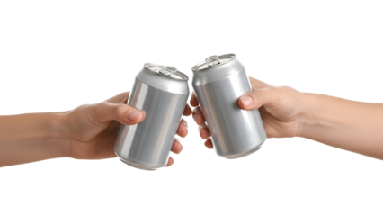 Two Friends Toasting with Cans of Beer or Soda