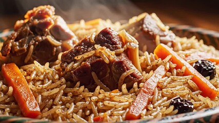 Delicious and aromatic traditional Central Asian Plov also known as Pilaf featuring tender chunks of slowcooked lamb or beef perfectly seasoned longgrain rice and sweet caramelized carrots garnished .