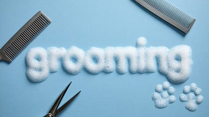  inscription "grooming" written in thick soapy foam with a comb, scissors, and soapy paw prints of a dog or cat on a blue background. A banner with copy space for pet services and maintenance.