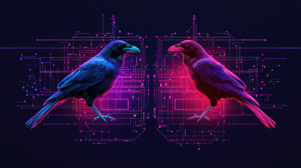 Neon enhanced cyber ravens stand against digital backdrop, showcasing vibrant colors and intricate circuitry. scene evokes sense of futuristic