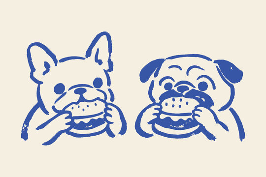 Dogs eating burger doodle line art vector illustration
