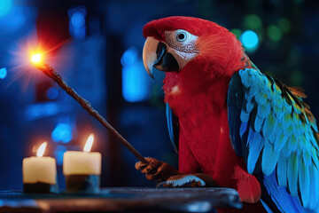 Colorful parrot in wizard robe holding glowing wand beside candles, creating magical atmosphere