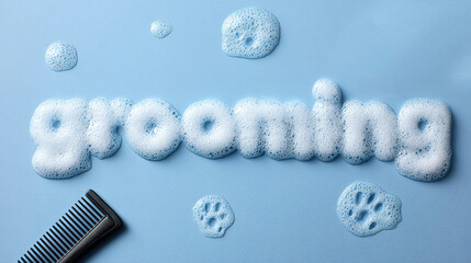  inscription "grooming" written in thick soapy foam with a comb, scissors, and soapy paw prints of a dog or cat on a blue background. A banner with copy space for pet services and maintenance.