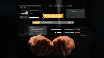 Modern digital interface showcasing hands reaching out for code generation, with floating screens displaying data and programming languages in a futuristic setting Gluon.