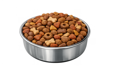 Dog food kibble in a metal pet bowl on a transparent background, providing essential nutrition and care for pets