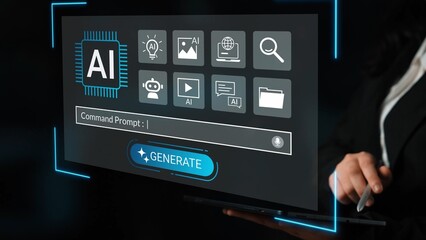Modern technology concept featuring an AI interface displayed on a laptop screen with various tools and icons for data processing and analysis. Gluon.
