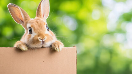 Cute rabbit peeks over cardboard box, showcasing its fluffy fur and expressive eyes in vibrant green outdoor setting
