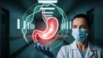 Healthcare worker in a face mask presents a glowing digital human stomach illustration surrounded by dna in a modern clinic.