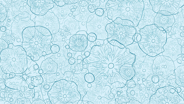 Intricate abstract pattern of light blue overlapping circular and floral shapes with fine details and a layered texture.