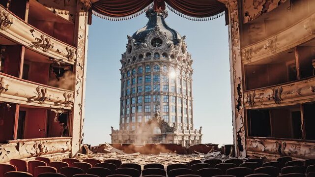 Viewing Architectural Building From Decayed Theatre Stage, Dramatic Scene