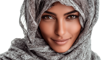 Young confident Muslim woman wearing a scarf poses for a studio portrait with a bright background
