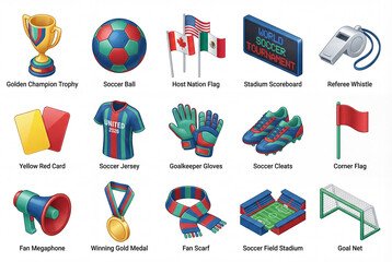 Isometric 3D icons set for world soccer tournament, football cup celebration, global sports championship, fan equipment, host city stadium