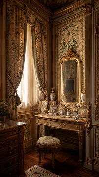 AI generator images of luxurious Rococo-style dressing table and mirror set, complete with decorative collectibles. The dressing table and mirror feature exquisitely carved, gilded wood