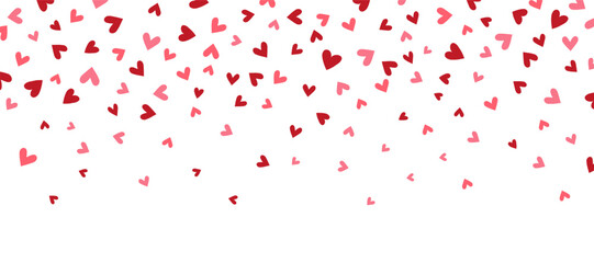 Heart long border. Bright hearts confetti falling on white background. Valentines Day banner. 8 March card. Wedding invitation