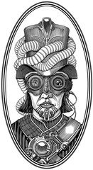 Black and white vector portrait of fantasy person steampunk style