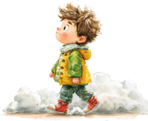Cute kid illustration cartoon boy curly hair winter coat yellow jacket green sweater red shoe walking child fluffy cloud watercolor style little boy with rosy cheeks walks beside fluffy cloud