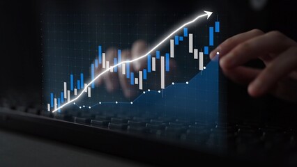 A close-up view of a hand interacting with a laptop displaying a dynamic data visualization, illustrating an upward trend in stock market performance and financial analysis. Copula