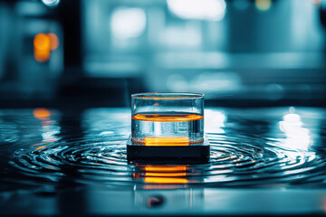 Stylish water droplet setup with glowing glass of liquid creates captivating visual effect. reflections and ripples enhance ambiance