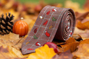 Subtle fall plaid tie featuring colorful bird and leaf patterns, resting on autumn leaves with pumpkin and pine cone, evokes cozy seasonal vibe