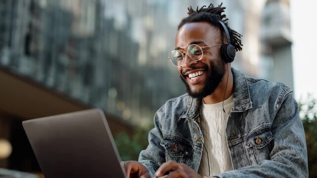 Social media influencer creating engaging content outdoors while wearing headphones and working on laptop in an urban setting during a sunny day