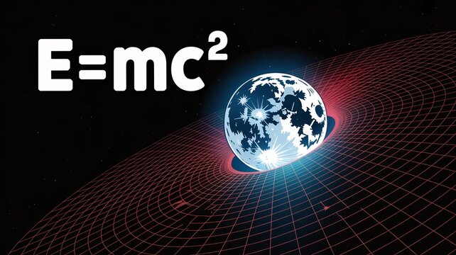 Elegant earth in space with E=mc2 equation and glowing red grid