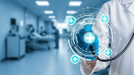 Medical professional in blue gloves holds a stethoscope with digital health symbols overlaid, signifying modern healthcare technology in a hospital setting.