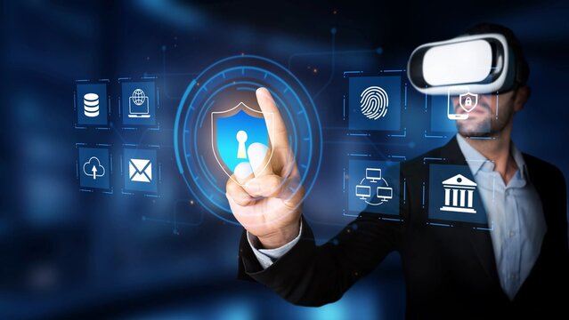Professional Man Using Virtual Reality to Experience Digital Security Concepts with Innovative User Interface in Modern Technological Environment Gluon. - Powered by Adobe