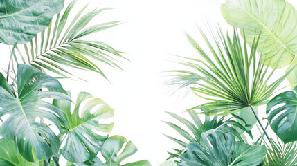 Vibrant palm leaves in deep greens create lush tropical atmosphere, perfect for nature lovers and interior design enthusiasts