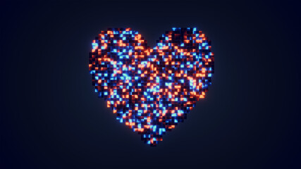 Abstract mosaic heart glowing with vibrant blue and orange light on a dark background