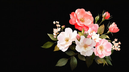 Beautiful bouquet of pink and white roses with delicate buds and leaves against black background, evoking elegance and charm