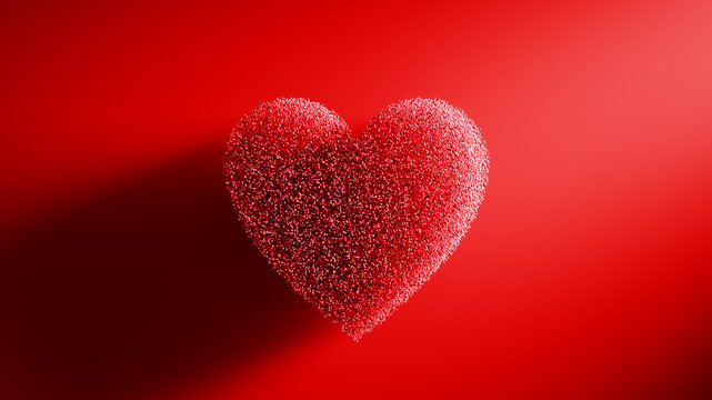 Red sparkling heart on a red background, symbolizing love and passion for celebrations