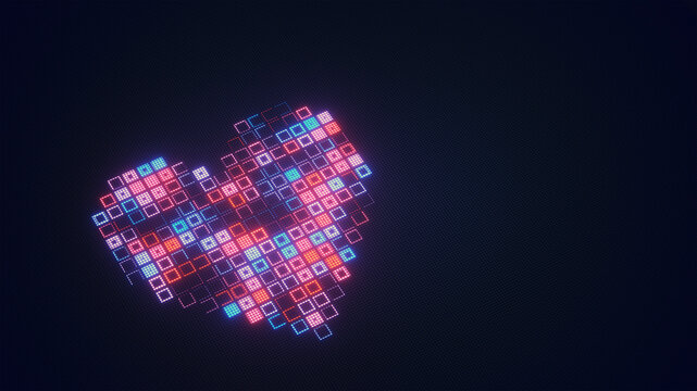 Pixelated heart creating an abstract texture with glowing colorful squares